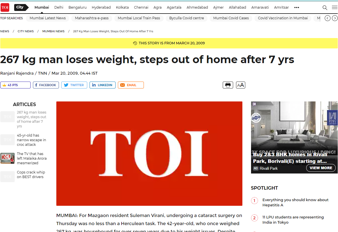 267 kg man loses weight, steps out of home after 7 yrs
