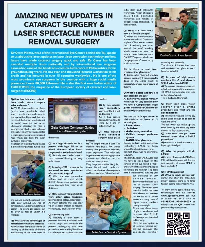 Amazing new updates in cataract surgery and laser spectacle number removal surgery